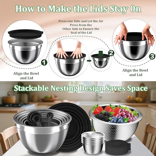 Nicdiet Mixing Bowls with Lids Set 27Pcs Stainless Steel Nesting Mixing Bowls Set for Kitchen Cooking Storage Metal Salad Bowls with Colander Strainer Grater Dressing Containers Kitchen Gadgets Black - Image 3