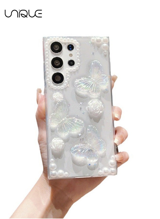 Unique Compatible with Samsung Galaxy S24 Ultra Phone Case - 3D Butterfly Rose Flower Shiny Girl Phone Case - Clear Phone Case - TPU Drop Protection  - Image 1