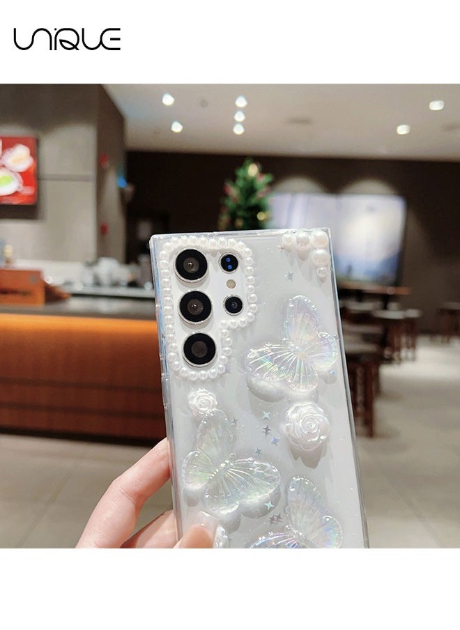 Unique Compatible with Samsung Galaxy S24 Ultra Phone Case - 3D Butterfly Rose Flower Shiny Girl Phone Case - Clear Phone Case - TPU Drop Protection  - Image 3