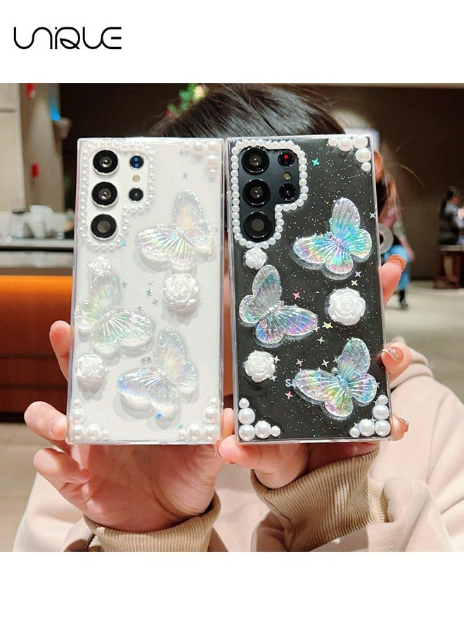 متوافق مع جراب هاتف سامسونج جالاكسي S24 الترا - جراب هاتف 3D Butterfly Rose Flower Shiny Girl - جراب هاتف شفاف - حماية من السقوط TPU