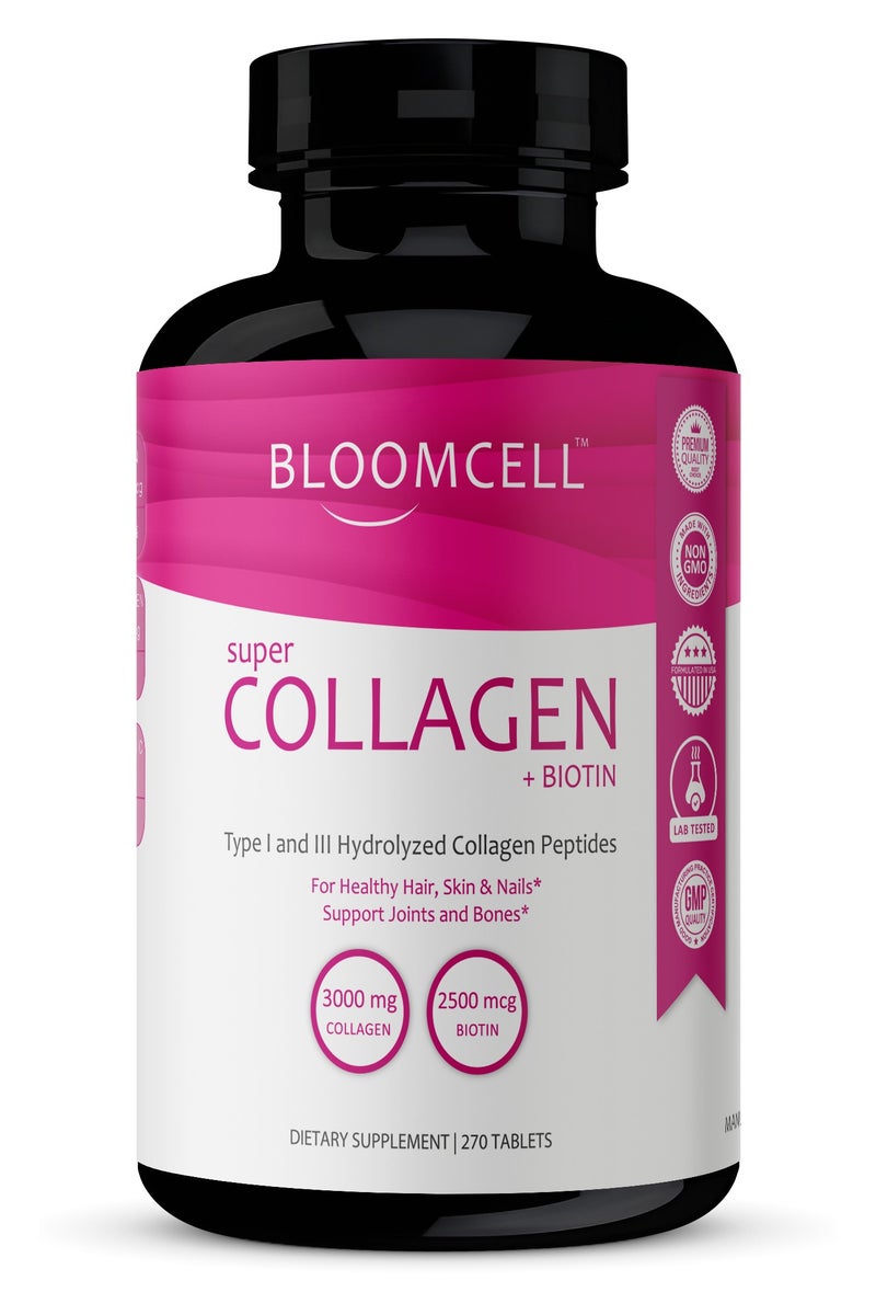 Bloomcell Super Collagen Peptides + Vitamin C & Biotin - 270 Tablets - Image 1