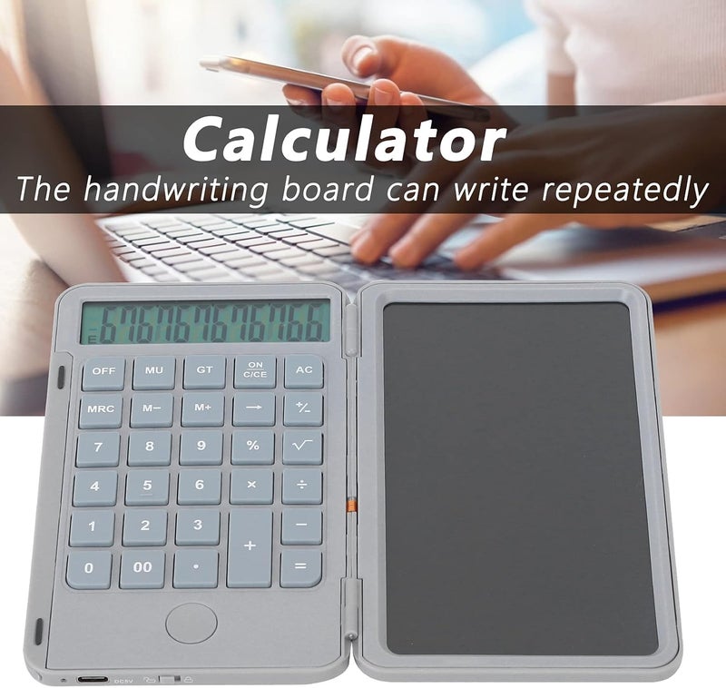 cheekyglo Foldable Calculator, Office Calculators with Writing Tablet, Rechargeable Counter with Pen, 12 Digits Large Display Desk Calculators, for Students Clerk School Office (White)white - Image 4