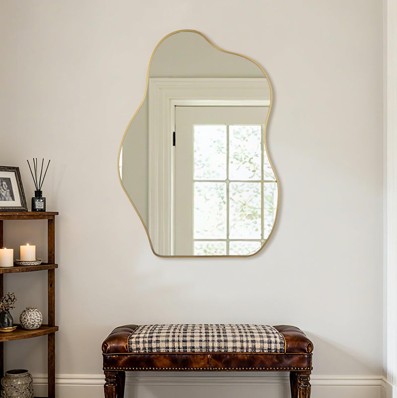 BOMINICA Irregular Wall Mirror Asymmetrical Mirror, Decorative Wall Mirror Golden Wood Framed, Wall Mounted Mirror for Bathroom Living Room Entryway Bedroom Hallway (Gold, 24" x 36") - Image 5