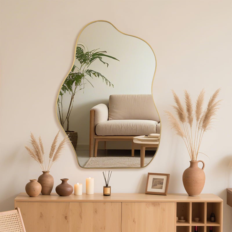 BOMINICA Irregular Wall Mirror Asymmetrical Mirror, Decorative Wall Mirror Golden Wood Framed, Wall Mounted Mirror for Bathroom Living Room Entryway Bedroom Hallway (Gold, 24" x 36") - Image 1