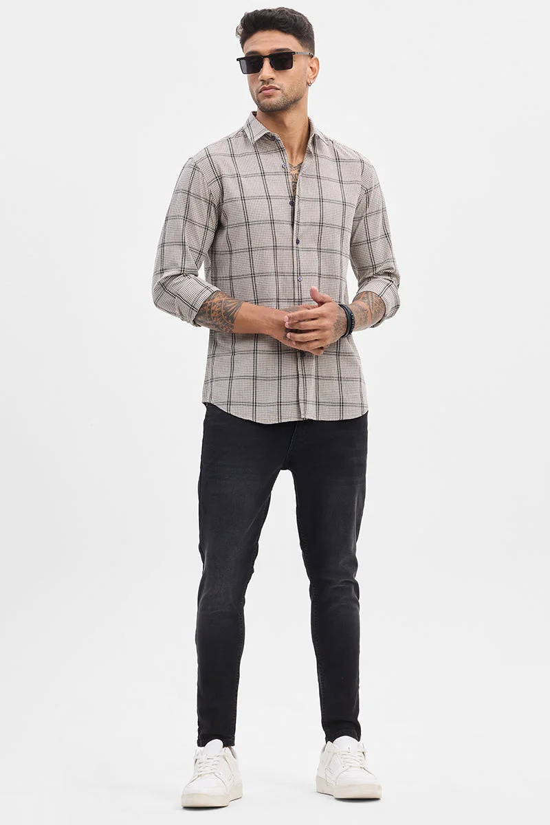SNITCH Grey Checkered Long Sleeve Slim Fit Casual Shirt