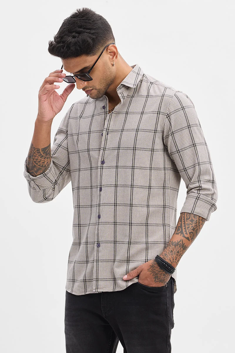 SNITCH Grey Checkered Long Sleeve Slim Fit Casual Shirt