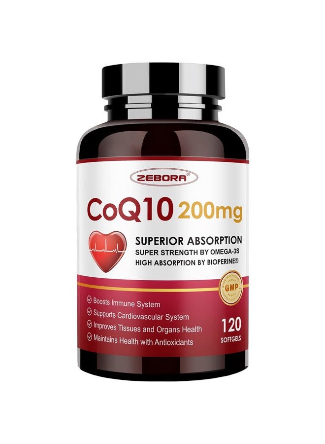 ZEBORA CoQ10-200mg-Softgels with PQQ, BioPerine & Omega-3, 120 Servings Coenzyme Q10(Ubiquinone) Supplement for High-Absorption, Powerful-Antioxidant, Support Heart & Energy-Production - Image 1
