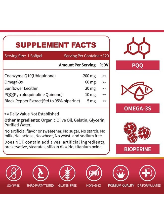 ZEBORA CoQ10-200mg-Softgels with PQQ, BioPerine & Omega-3, 120 Servings Coenzyme Q10(Ubiquinone) Supplement for High-Absorption, Powerful-Antioxidant, Support Heart & Energy-Production - Image 3