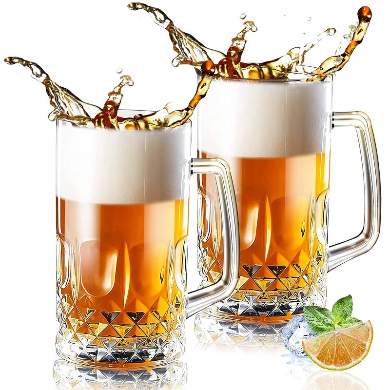 Momugs Momugs 32 Ounces Beer Stein Mugs  2 Pack Extra Large German Style Clear Tall Beer Glasses for Men  Heavy Duty Thick Glass With Handle 
