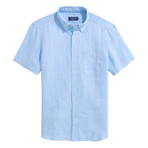 vineyard vines Men's Surfside Solid Linen Short Sleeve Shirt, Jake Blue - Image 1