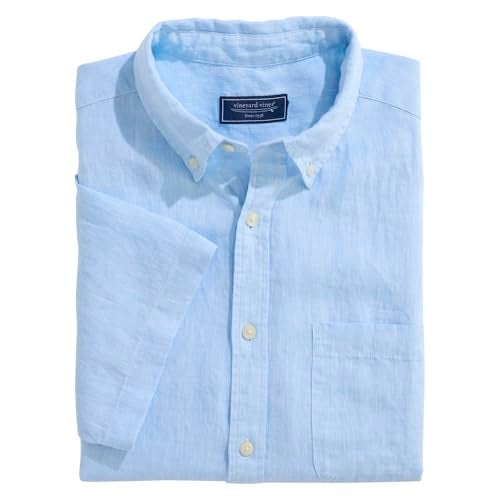 vineyard vines Men's Surfside Solid Linen Short Sleeve Shirt, Jake Blue - Image 2