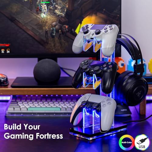 OAPRIRE Controller Holder Headset Stand with Lights 3 Tier Acrylic Gaming Controller Stand Compatible with PS4 PS5 PC Switch Universal Design Black - Image 3