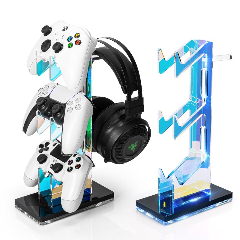 OAPRIRE Controller Holder Headset Stand with Lights 3 Tier Acrylic Gaming Controller Stand Compatible with PS4 PS5 PC Switch Universal Design Black - Image 2
