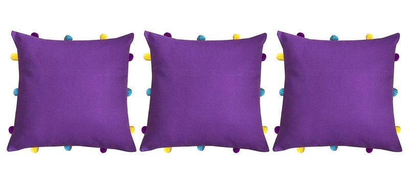 Lushomes Cushion Cover 12x12 Boho Cushion Covers Sofa Pillow Cover Cushion Covers with Tassels Cushion Cover with pom pom 12x12 Inches Set of 3 Purple - Image 1