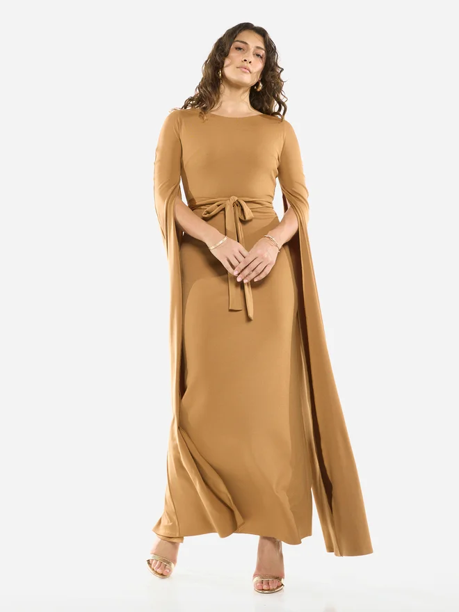 House Of Moda Tie-Waist Cape Sleeve Maxi Dress