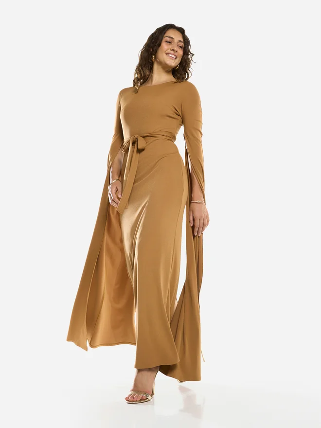 House Of Moda Tie-Waist Cape Sleeve Maxi Dress