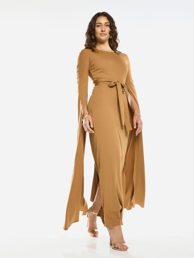 House of Moda Tie-Waist Cape Sleeve Maxi Dress - Image 5