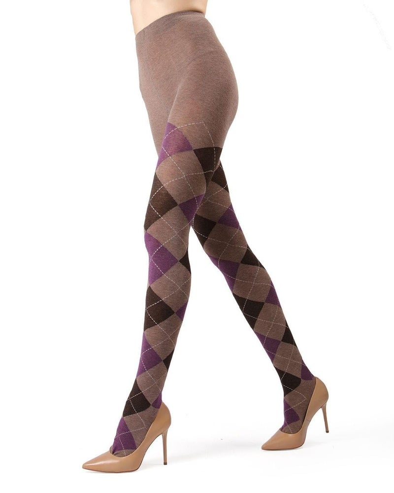 MeMoi Classic Argyle Cotton Tights for Women, Cozy and Stlylish Patterned Sweater Tights - Sizes Small to 6x, Taupe Heather, Small/Medium - Image 1