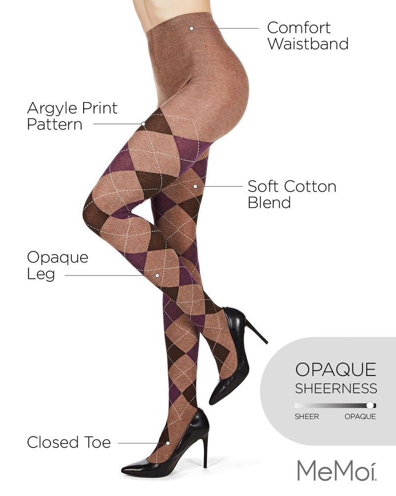 MeMoi Classic Argyle Cotton Tights for Women, Cozy and Stlylish Patterned Sweater Tights - Sizes Small to 6x, Taupe Heather, Small/Medium - Image 3