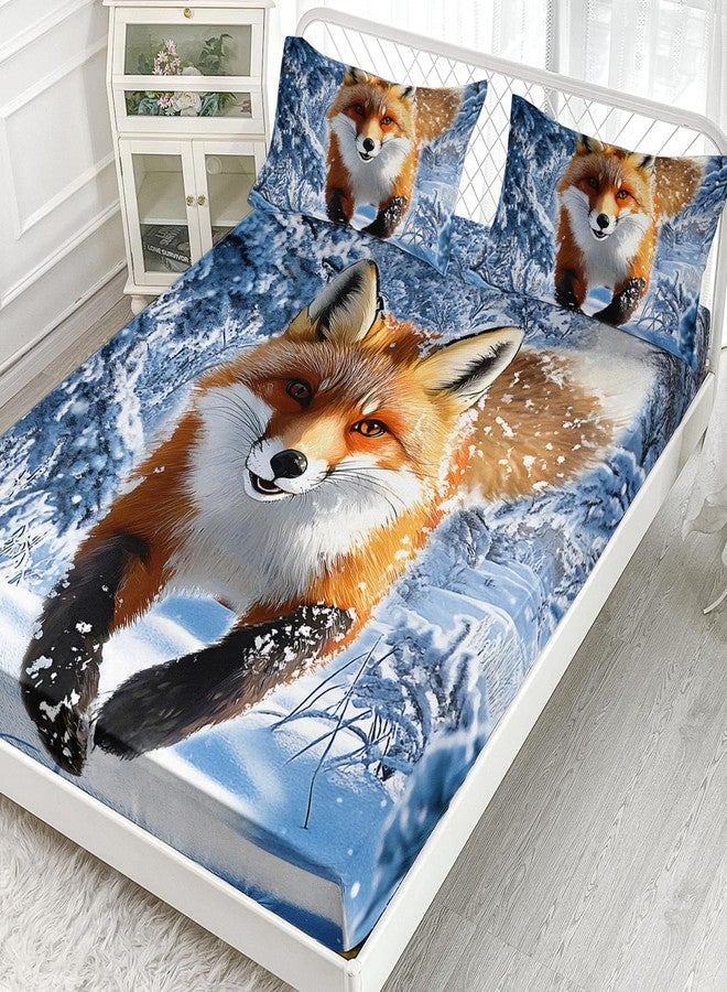 AILONEN Kawaii Fox Fitted Sheet Set Twin Size,Red Snow Fox Bed Sheet Set,Kids Winter Forest Animal Printed Soft Fitted Sheet + 2 Pillowcases,3Pcs - Image 2