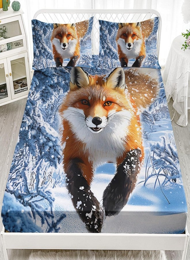 AILONEN Kawaii Fox Fitted Sheet Set Twin Size,Red Snow Fox Bed Sheet Set,Kids Winter Forest Animal Printed Soft Fitted Sheet + 2 Pillowcases,3Pcs - Image 3