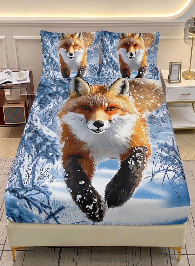 AILONEN Kawaii Fox Fitted Sheet Set Twin Size,Red Snow Fox Bed Sheet Set,Kids Winter Forest Animal Printed Soft Fitted Sheet + 2 Pillowcases,3Pcs - Image 1
