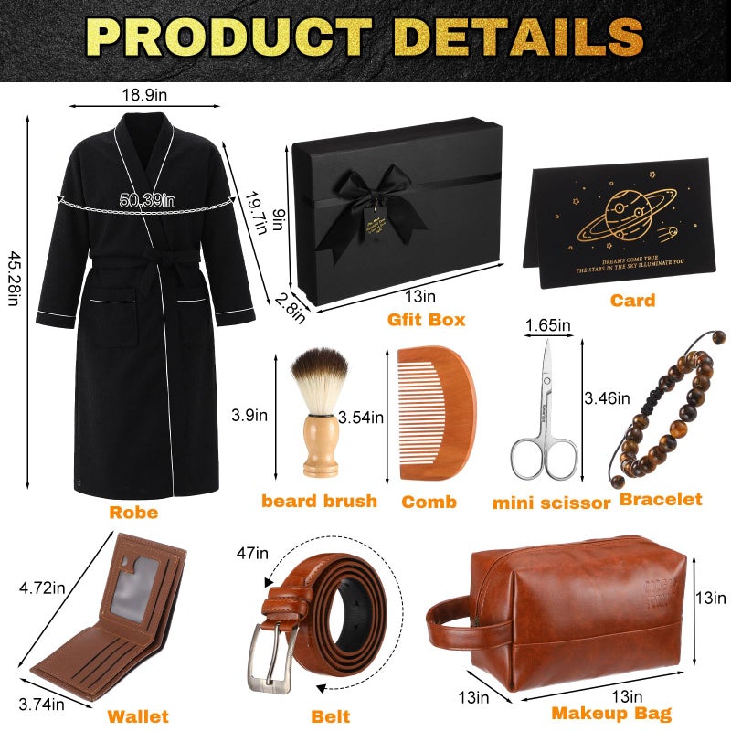 Shyyween 10 Pcs Birthday Gifts Baskets for Men Get Well Soon Gifts Beard Care Set for Him with Bathrobe, Wallet, Makeup Bag, Belt, Bracelet, Beard Comb & Brush Set for Dad Boyfriend Husband (Brown) - Image 3