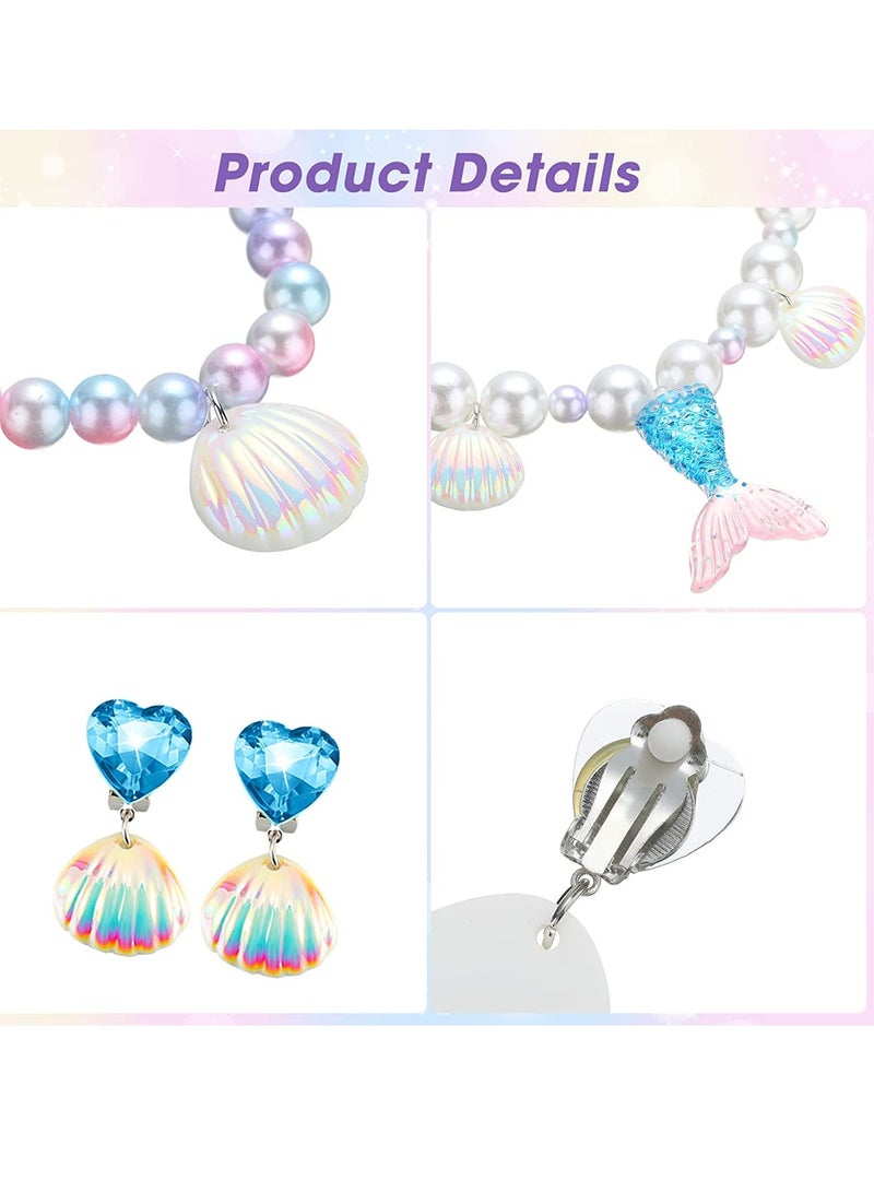 Mermaid Jewelry Kit Mermaid Necklace Bracelet Set Mermaid Birthday Decorations Party Favors Includes Princess Mermaid Necklace Shell Bracelet Earrings Rings for Girls Costume Jewelry Supplies 4 Set - Image 3