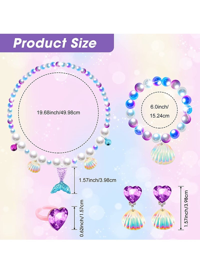 Mermaid Jewelry Kit Mermaid Necklace Bracelet Set Mermaid Birthday Decorations Party Favors Includes Princess Mermaid Necklace Shell Bracelet Earrings Rings for Girls Costume Jewelry Supplies 4 Set - Image 2