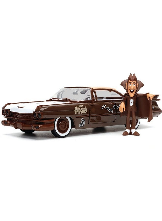 Jada 1959 Cadillac Coupe DeVille Brown and White with Graphics and Count Chocula Diecast Figurine Hollywood Rides Series 1/24 Diecast Model Car - Image 1