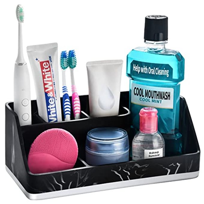 TOOTHBRUSH HOLDERS FOR BATHROOMS BATHROOM COUNTER ORGANIZER FOR VANITY COUNTERTOPSINK 5 SLOTS TOOTH BRUSHTOOTHPASTE HOLDER STORAGE MARBLE LOOK BATHROOM ACCESSORIES BLACK RESIN