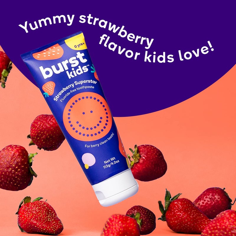BURST Fluoride Free Strawberry Kids Toothpaste (4oz) | Great Tasting | Dye Free for Baby & Toddler Age 0+ | with Nano Hydroxyapatite - Image 2