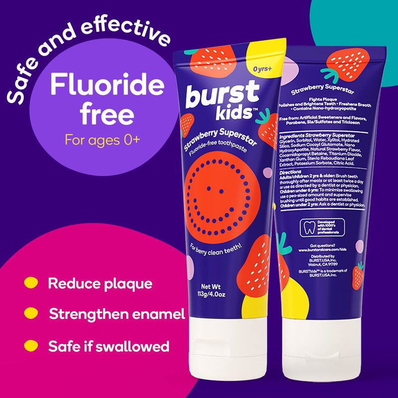 BURST Fluoride Free Strawberry Kids Toothpaste (4oz) | Great Tasting | Dye Free for Baby & Toddler Age 0+ | with Nano Hydroxyapatite - Image 3
