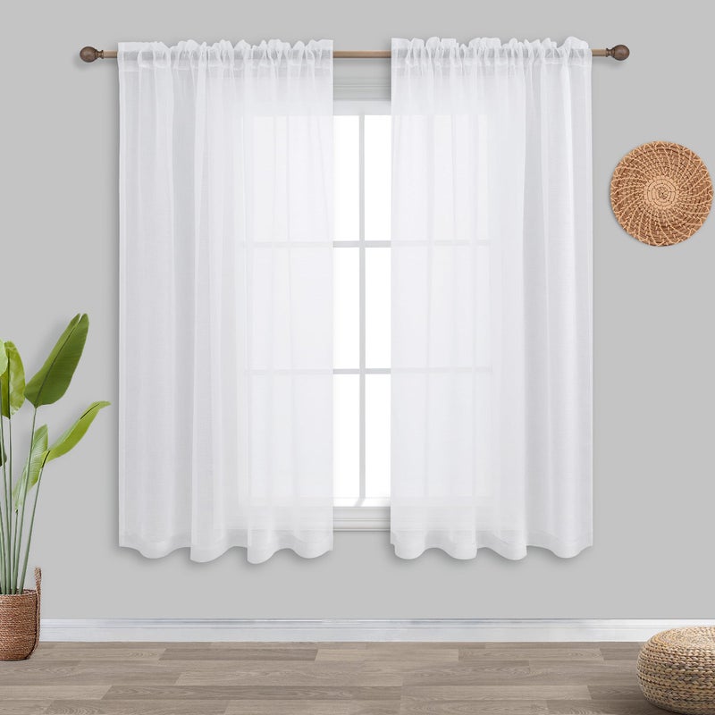 White Sheer Curtains 45 Inch Length for Kitchen Set 2 Panels Rod Pocket Half Light Filtering Semi Translucent Linen Textured Small Farmhouse Short Curtains for Bedroom Bathroom Front Window 52x45 Long