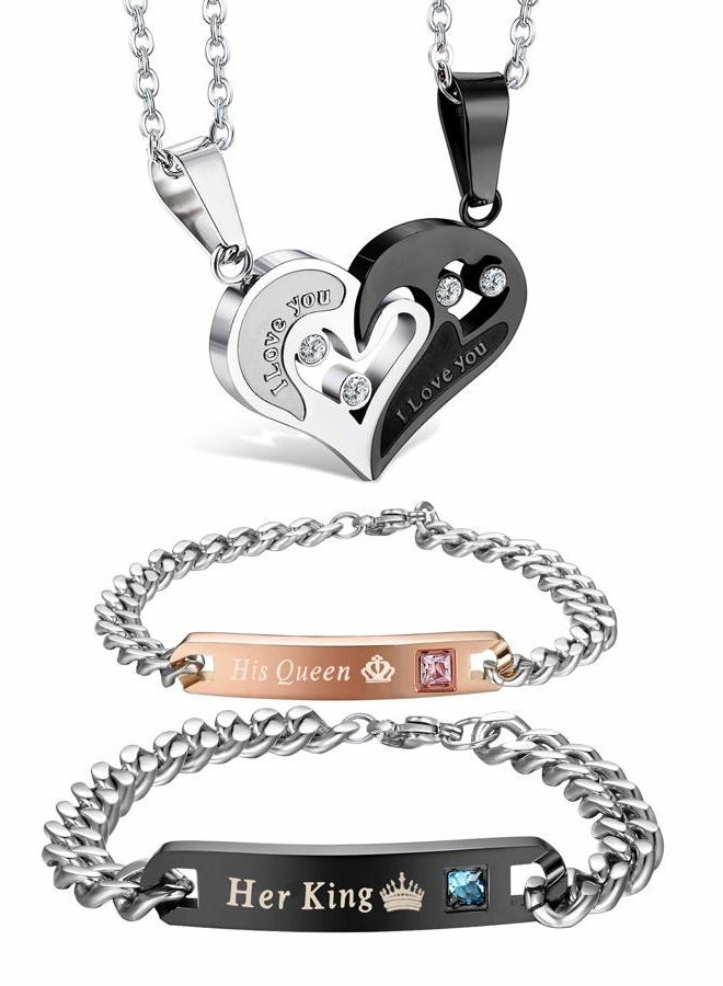 Jstyle 4Pcs Couple Necklace Bracelets Matching Set for Women Men Heart Pendant Necklace His & Hers Bracelets Couple Gift - Image 1