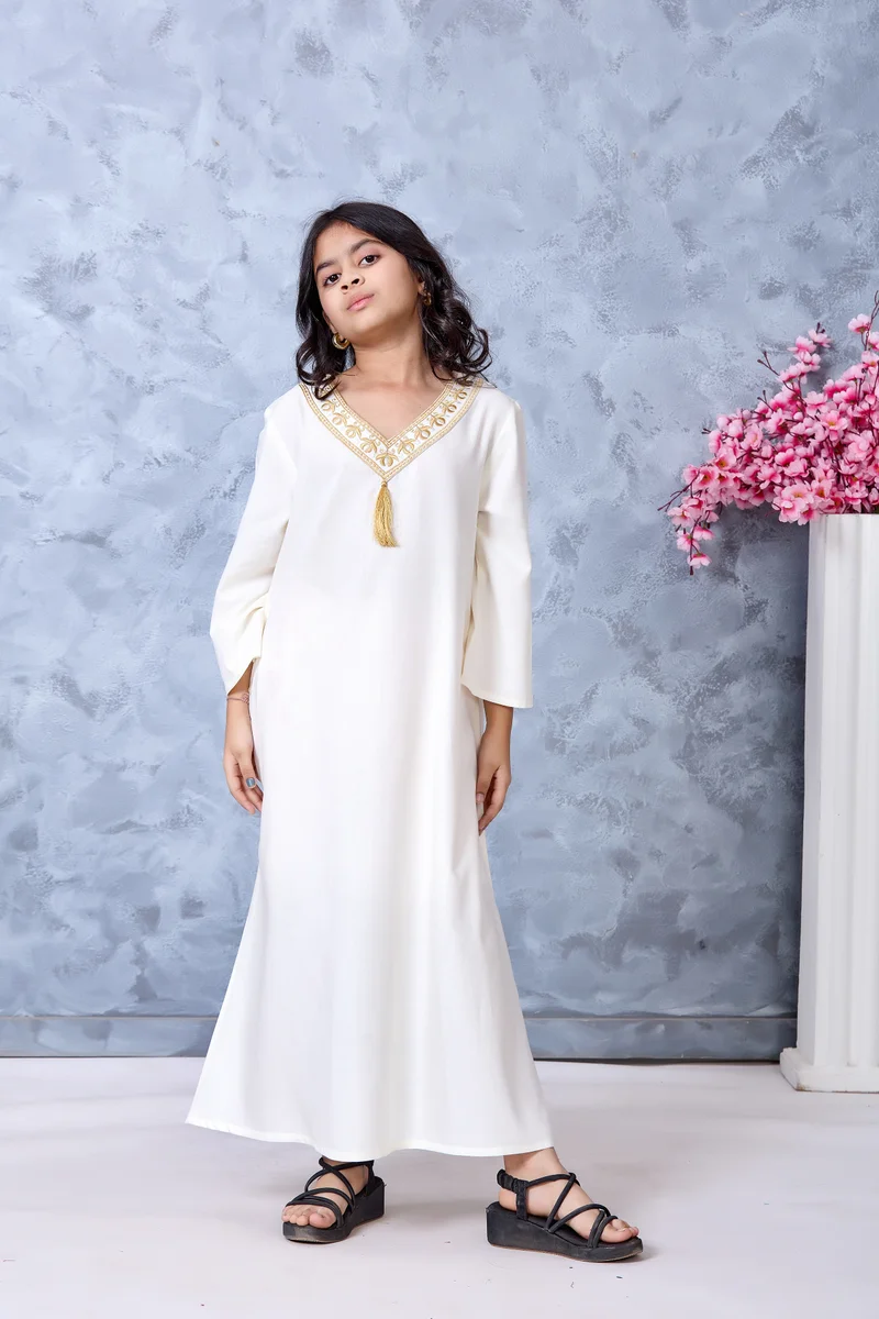 Artemea Girls Ivory Gold Embroidered Premium Rayon Ankle-Length Jalabiya Dress