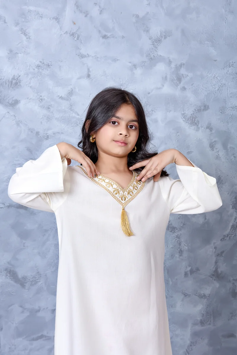 Artemea Girls Ivory Gold Embroidered Premium Rayon Ankle-Length Jalabiya Dress