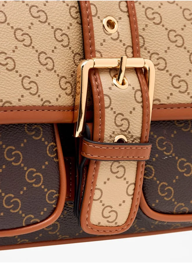 سيليست Women Monogram Print Satchel Bag with Adjustable Strap and Flap Closure