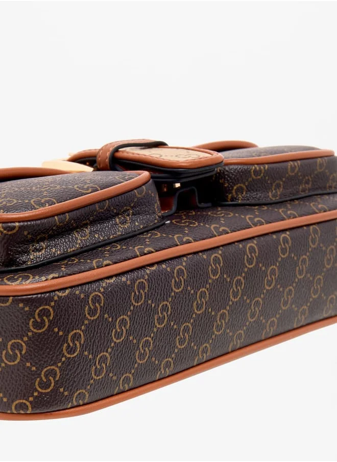 سيليست Women Monogram Print Satchel Bag with Adjustable Strap and Flap Closure