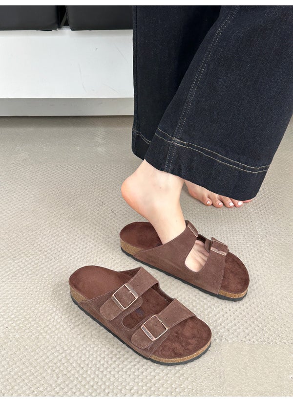 Generic Retro Leisure Style Birkenstock Sandals Classic Double Buckle Matte Leather Women Slippers Beach Sandals Comfortable Slip-On Brown 