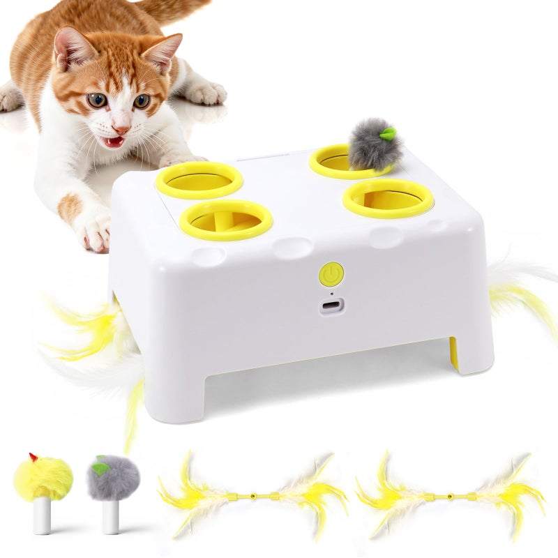 PETSWEET Interactive Cat Toy for Indoor Cats, 3 Modes Feathers Toy, Rechargeable 4 Holes Mole Cat Toys, Cheese Box for Kitten, 4 Accessories (White) - Image 1
