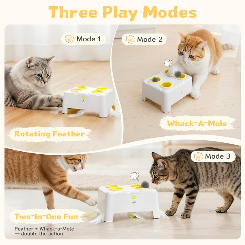 PETSWEET Interactive Cat Toy for Indoor Cats, 3 Modes Feathers Toy, Rechargeable 4 Holes Mole Cat Toys, Cheese Box for Kitten, 4 Accessories (White) - Image 3