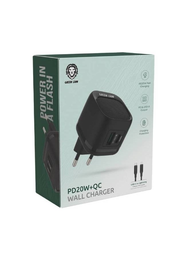 GREEN LION - Green Lion PD20W + QC Wall Charger With USB-C To Lightning Cable - Black - Image 1