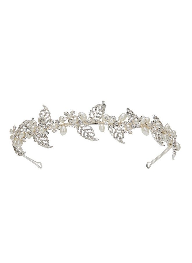 SWEETV Pearl Bridal Headband Silver Tiara For Bride Headpiece Crystal Leaf Wedding Hair Accessories Jewelry Tiaras For Women  - Image 2