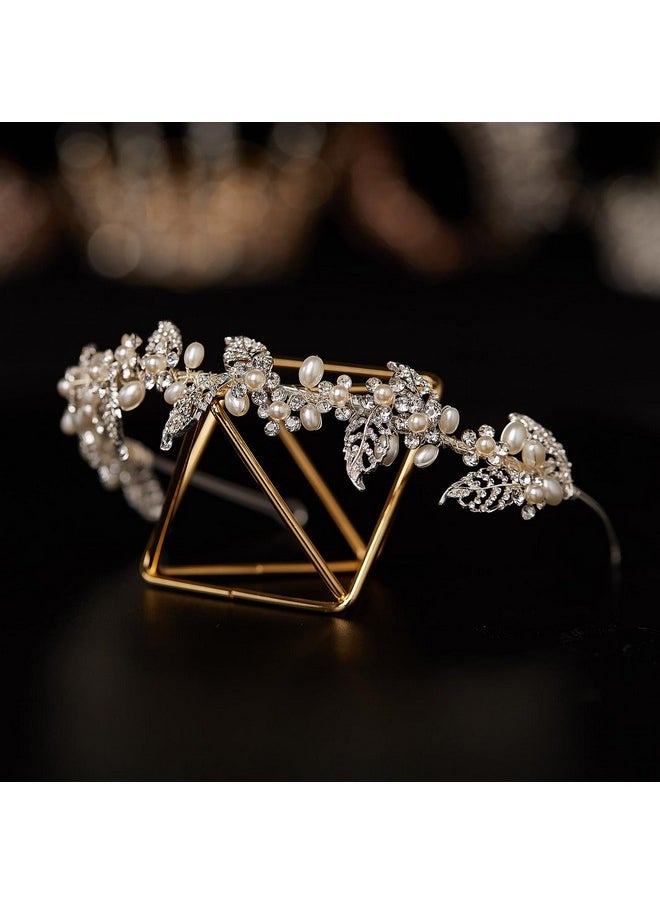 SWEETV Pearl Bridal Headband Silver Tiara For Bride Headpiece Crystal Leaf Wedding Hair Accessories Jewelry Tiaras For Women  - Image 3