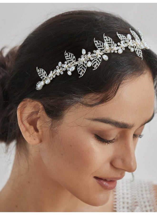 SWEETV Pearl Bridal Headband Silver Tiara For Bride Headpiece Crystal Leaf Wedding Hair Accessories Jewelry Tiaras For Women  - Image 5
