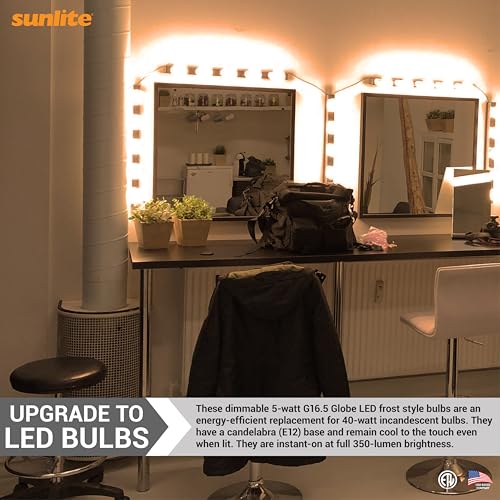 Sunlite مصباح LED Sunlite G16.5، 5 واط (ما يعادل 40 واط)، 350 لومن، قابل للتعتيم، شكل Globe نوع G قاعدة E12، مصابيح قصيرة، مصابيح مرآة تجميل، 2700K أبيض ناعم، مصابيح مصفحة، 6 قطع - Image 4