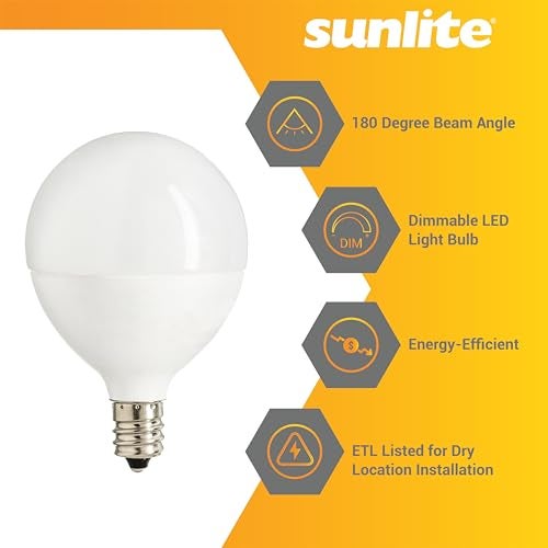 Sunlite مصباح LED Sunlite G16.5، 5 واط (ما يعادل 40 واط)، 350 لومن، قابل للتعتيم، شكل Globe نوع G قاعدة E12، مصابيح قصيرة، مصابيح مرآة تجميل، 2700K أبيض ناعم، مصابيح مصفحة، 6 قطع - Image 3
