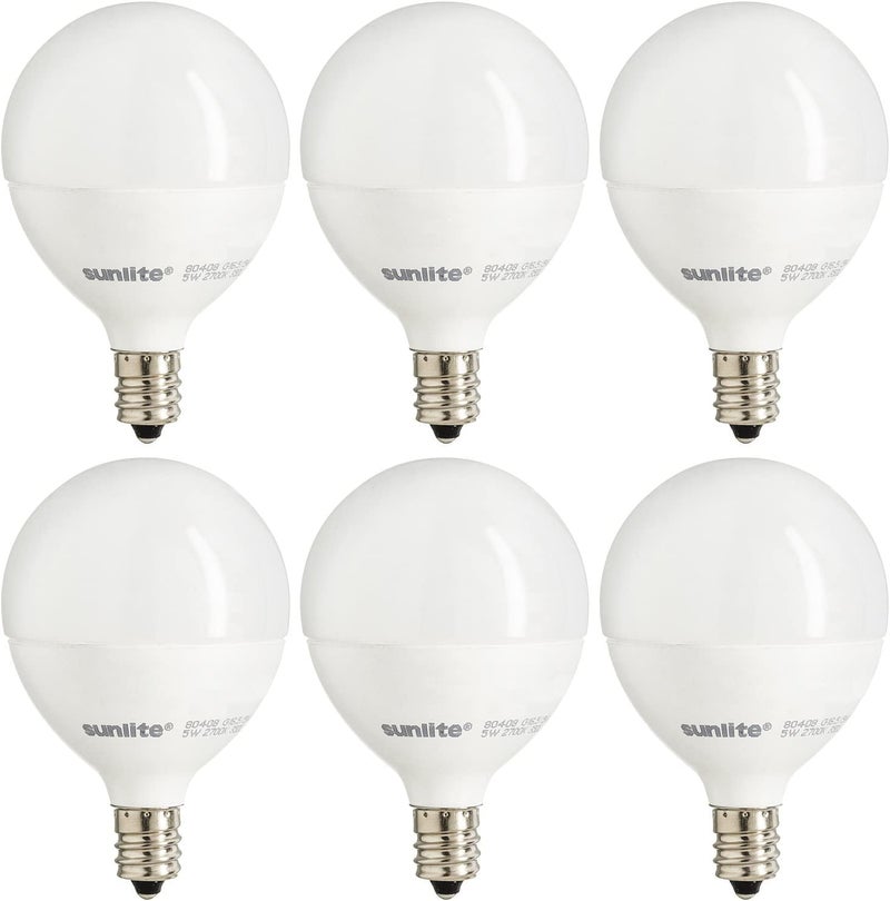 Sunlite مصباح LED Sunlite G16.5، 5 واط (ما يعادل 40 واط)، 350 لومن، قابل للتعتيم، شكل Globe نوع G قاعدة E12، مصابيح قصيرة، مصابيح مرآة تجميل، 2700K أبيض ناعم، مصابيح مصفحة، 6 قطع - Image 1