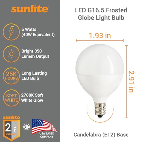 Sunlite مصباح LED Sunlite G16.5، 5 واط (ما يعادل 40 واط)، 350 لومن، قابل للتعتيم، شكل Globe نوع G قاعدة E12، مصابيح قصيرة، مصابيح مرآة تجميل، 2700K أبيض ناعم، مصابيح مصفحة، 6 قطع - Image 2